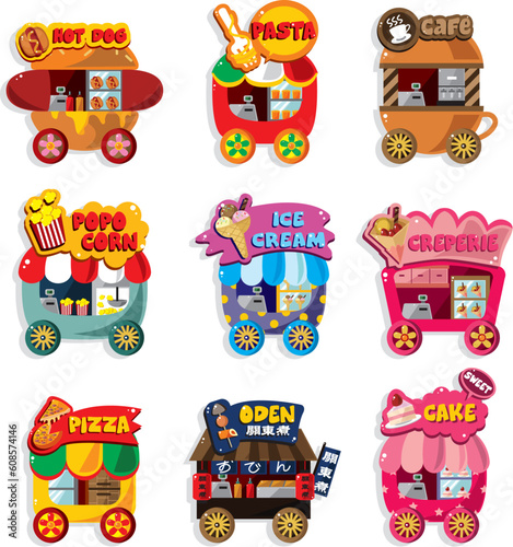 Cartoon market store car icon collection