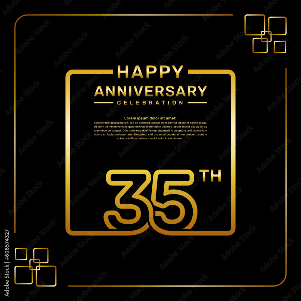 35 year anniversary celebration logo in golden color, square style, vector template illustration