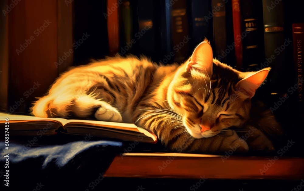 Cozy Cat Dreams: Adorable Feline Sleeping on a Rustic Wooden Bookshelf - A Perfect Wallpaper for Cat Lovers and Bookworms, Generative AI Cozy Cat Dreams: Adorable Feline Sleeping on a Rustic Wooden Bookshelf - A Perfect Wallpaper for Cat Lovers and Bookworms, Generative AI