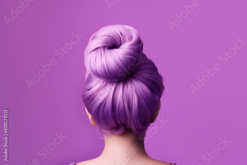 Modern hairstyle bun on purple hair back view close-up, created with Generative AI technology.
