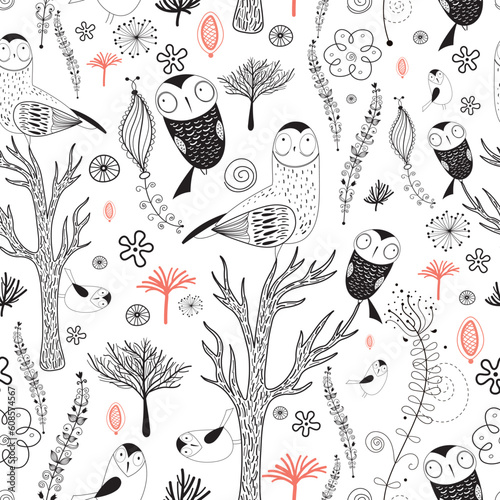 seamless graphic pattern of forest with owls on a white background decorative