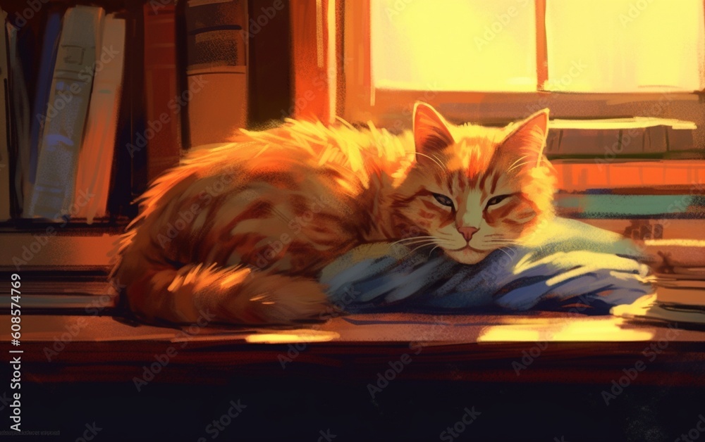 Cozy Cat Dreams: Adorable Feline Sleeping on a Rustic Wooden Bookshelf ...