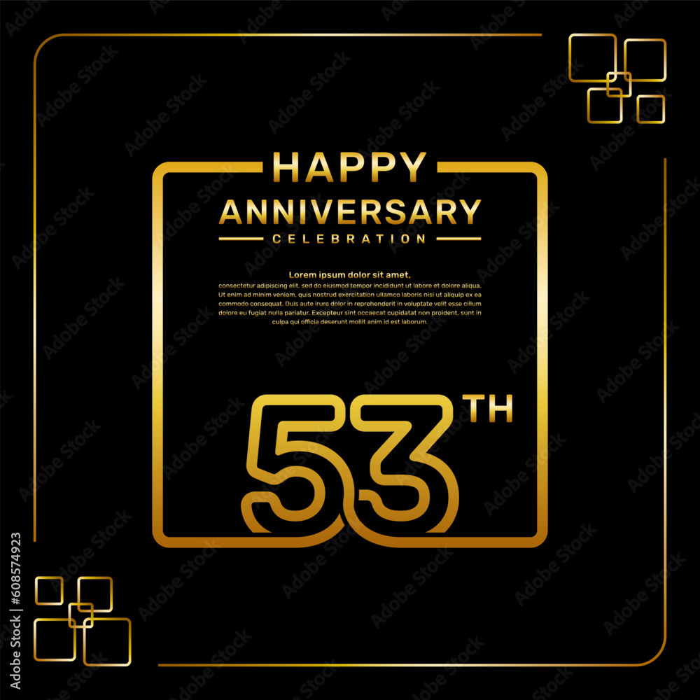 53 year anniversary celebration logo in golden color, square style, vector template illustration 53 year anniversary celebration logo in golden color, square style, vector template illustration