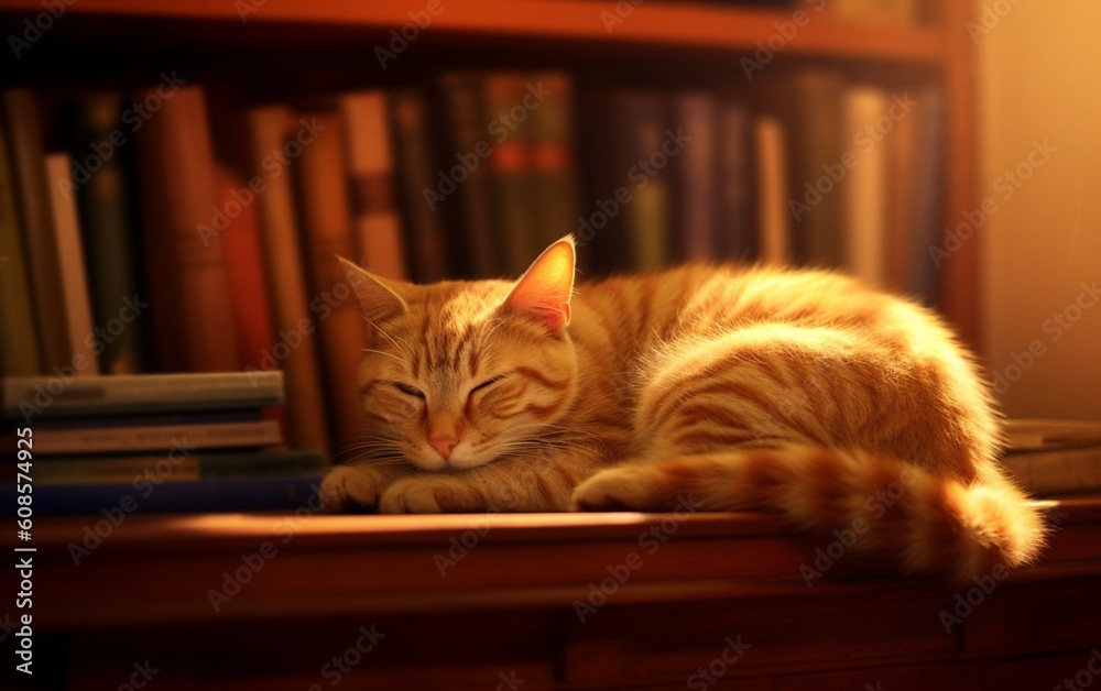 Cozy Cat Dreams: Adorable Feline Sleeping on a Rustic Wooden Bookshelf ...
