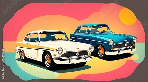 Abstract vintage style illustration of two american sports cars. Generative AI