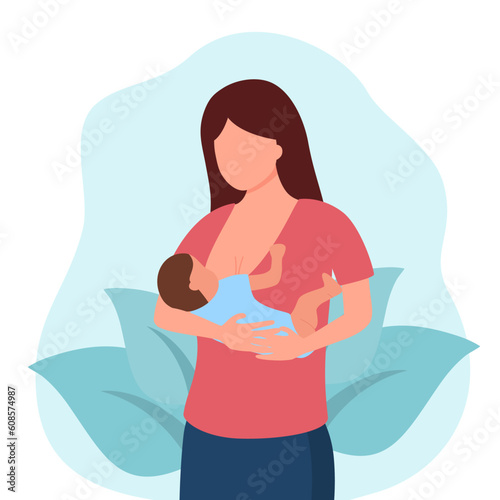 Mother breastfeeding newborn baby in her arms flat design.