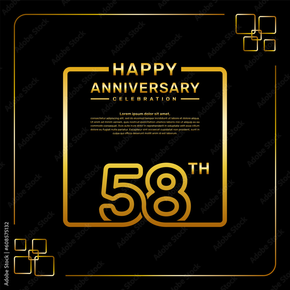 58 year anniversary celebration logo in golden color, square style, vector template illustration 58 year anniversary celebration logo in golden color, square style, vector template illustration