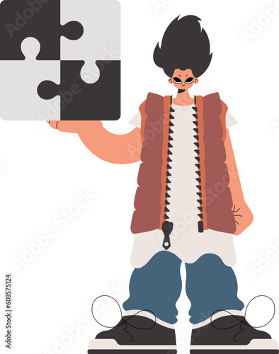 The individual is holding a flabbergast. Collect work subject. Pulled back. Trendy style, Vector Illustration