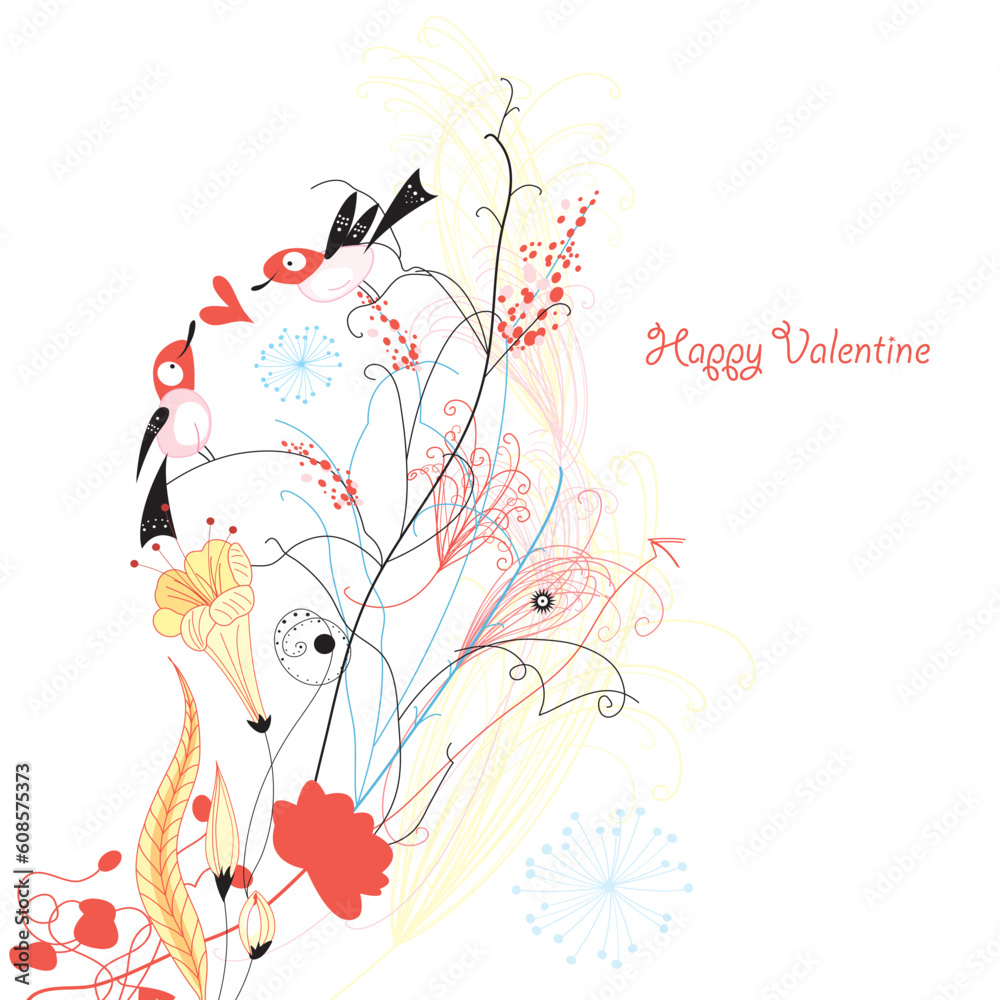 Fototapeta premium graphical greeting card plant in love with birds on a white background