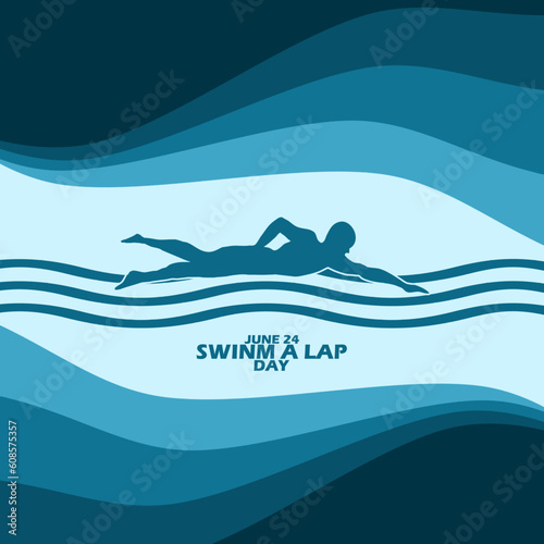 Icon of a person swimming with abstract water waves and bold text on light blue background to commemorate Swim a Lap Day on June 24