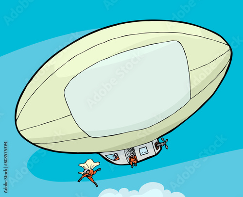 People with parachutes jump out of a blimp in the sky