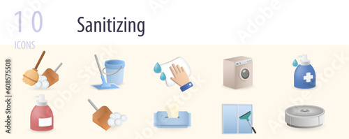 Sanitizing set. Creative icons: sweep, washing floors, wipe dust, washing clothes, disinfectant, soap, scoop, wet wipes, window washing, vacuum cleaner.