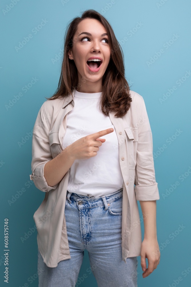 surprised emotional brunette 30 year old female person dressed in a