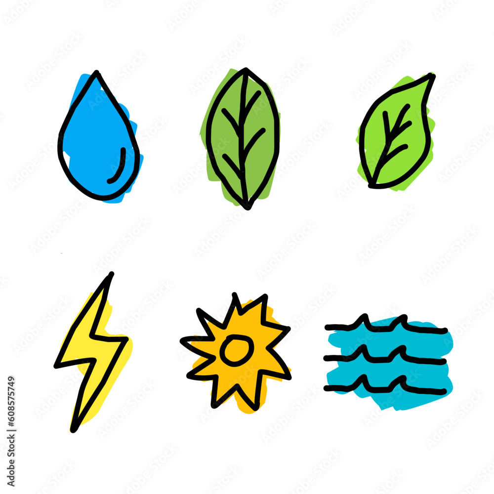 set of nature doodle icons, water, river, leaves, electric, sun. vector illustration.
