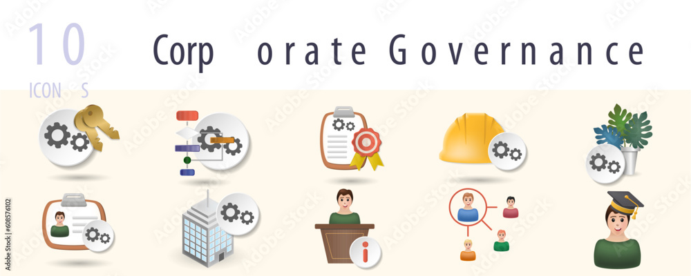Corporate governance set. Creative icons: key management, operation management, quality control management, safety management, environment management, account management, office management
