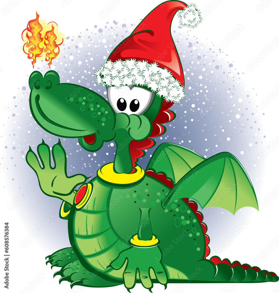 Obraz premium Vector illustration of the green funny dragon wearing a Santa hat with white copy space
