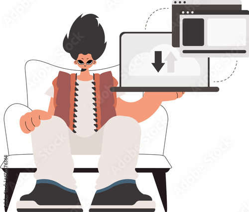 The person is holding a tablet in which information is being synchronized. Compelled. Trendy style, Vector Illustration