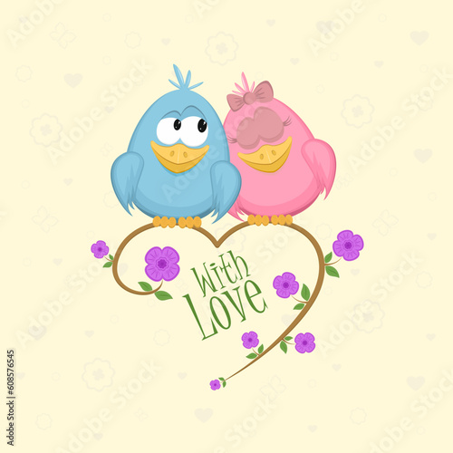 Love birds on the branch with flowers and leaves. Vector Illustration.