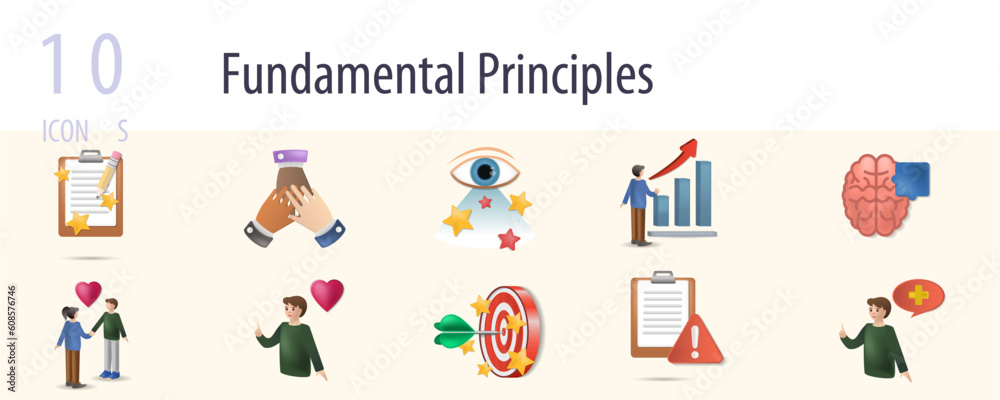 Fundamental principles set. Creative icons: imagination, tolerance, open-minded, ambition, logic, love, passion, accuracy, risk, optimism.