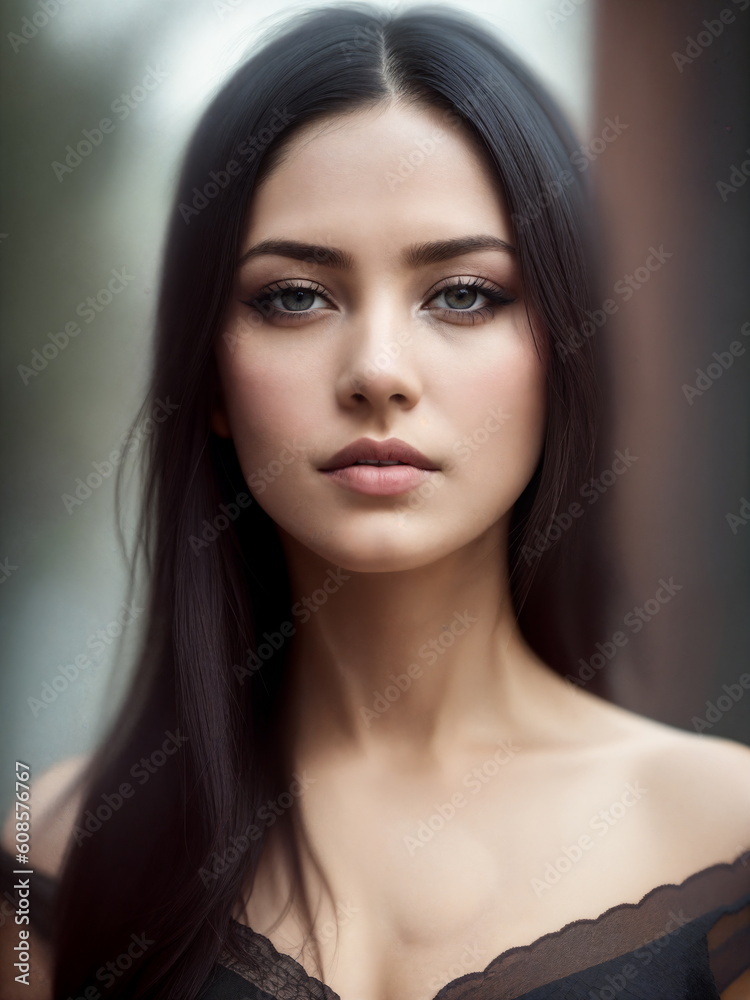 Obraz premium Portrait of a lovely young brunette woman.Digital creative designer art.AI illustration