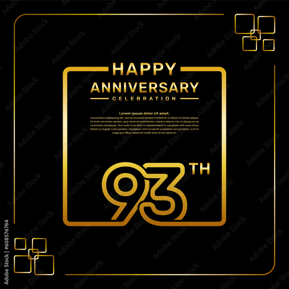 93 year anniversary celebration logo in golden color, square style, vector template illustration