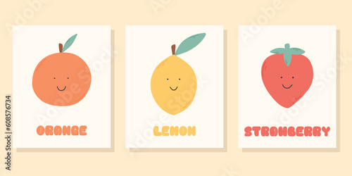 A set of kids cute fruit posters. Vector illustration. Retro posters for nursery. Groovy posters with lemon  orange  strawberry.