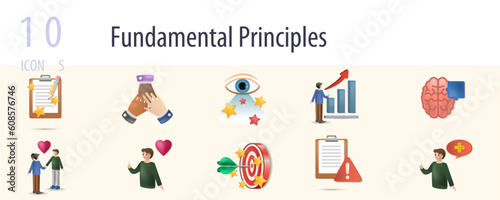 Fundamental principles set. Creative icons: imagination, tolerance, open-minded, ambition, logic, love, passion, accuracy, risk, optimism.