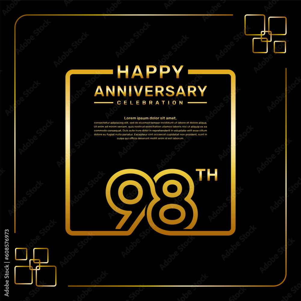 98 year anniversary celebration logo in golden color, square style, vector template illustration