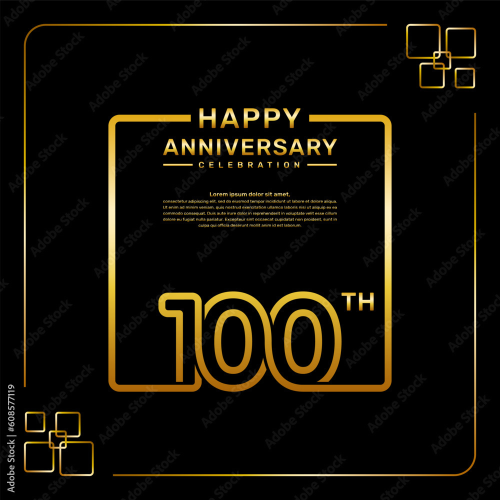 100 year anniversary celebration logo in golden color, square style, vector template illustration