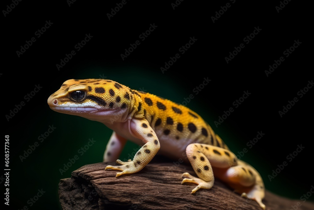 Leopard gecko lizard on wood with black background. Generative AI Leopard gecko lizard on wood with black background. Generative AI