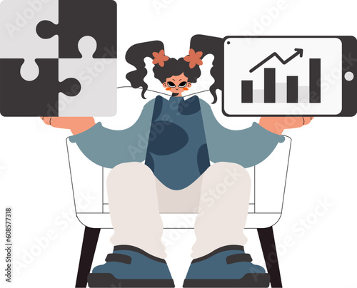 The wealthy lady is holding a overwhelm and a positive development chart. Thought collect work. Kept. Trendy style, Vector Illustration