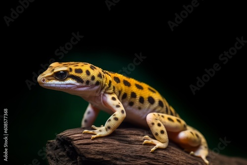 Leopard gecko lizard on wood with black background. Generative AI