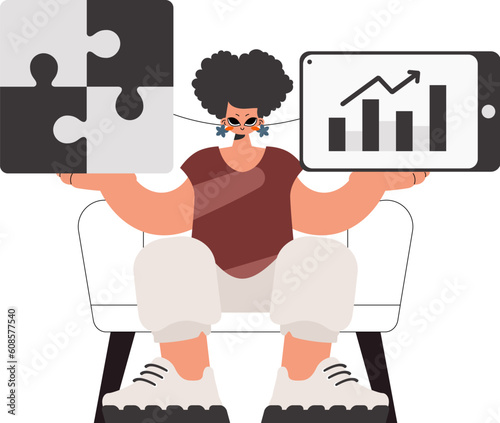 The well-off woman is holding a overpower and a positive movement chart. Thought collect work. Kept. Trendy style, Vector Illustration