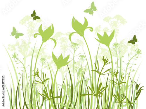 vector green floral background with butterflies