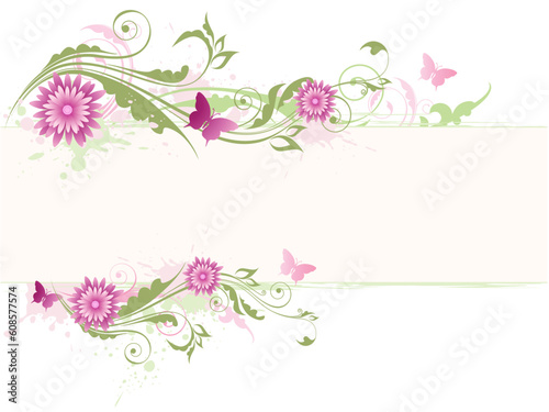 vector floral background with pink flowers and green ornament