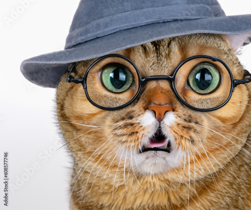 Cute cat with stylish glasses and hat on white background.