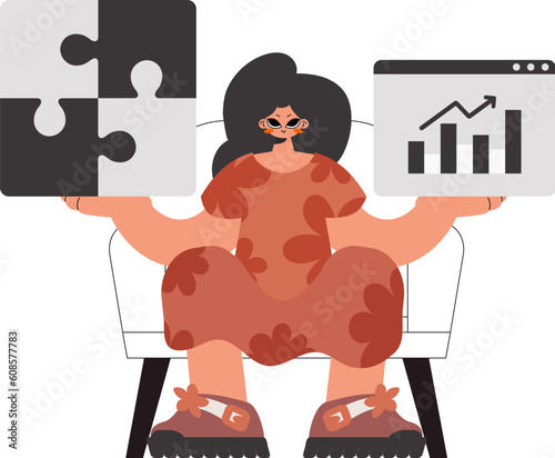 The well-off woman is holding a overpower and a positive movement chart. Thought collect work. Kept. Trendy style, Vector Illustration