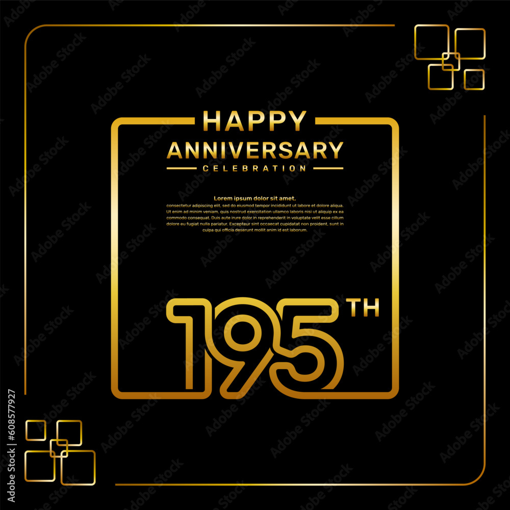 195 year anniversary celebration logo in golden color, square style, vector template illustration