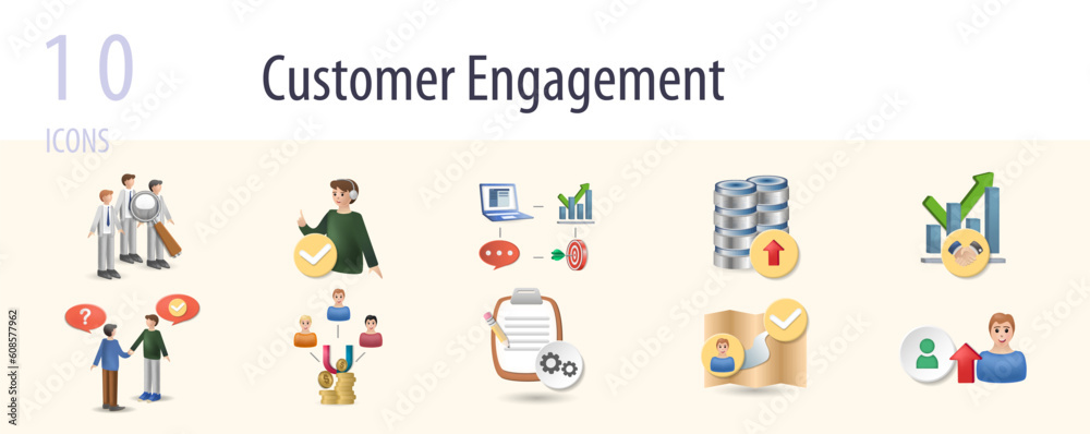 Customer engagement set. Creative icons: consumer behaviour, customer support, crm software, data enrichment, business relations, customer service, demand generation, contract management, customer