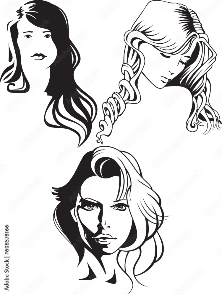 Three portraits of beautiful women.Vector illustration.