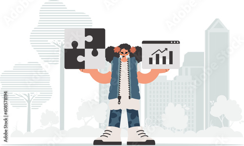 The young lady is holding a perplex and a positive development chart. Thought group work. Trendy style, Vector Illustration