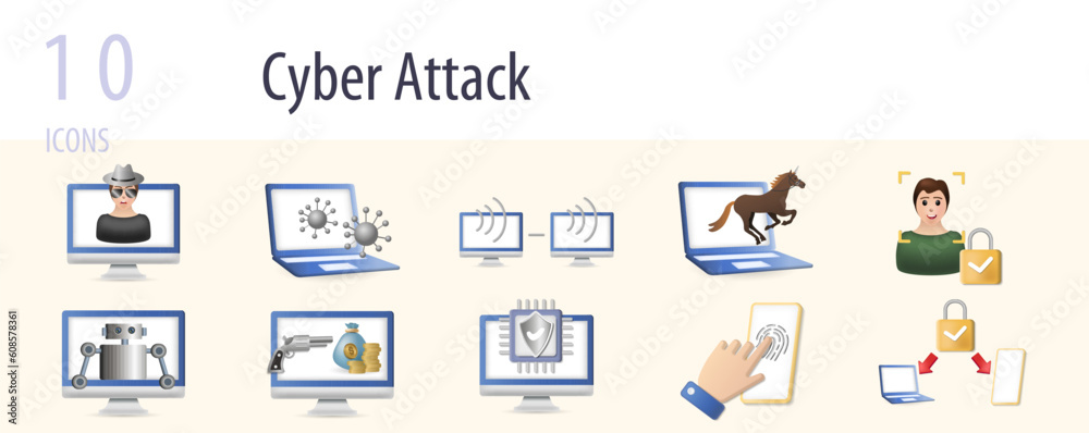 Cyber attack icons set. Creative elements: hacker, virus, remote access, trojan horse, authentication, botnet, online robbery, cyber protector, biometric, critical infrastructure. Cyber attack icons set. Creative elements: hacker, virus, remote access, trojan horse, authentication, botnet, online robbery, cyber protector, biometric, critical infrastructure.