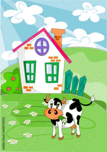 Fototapeta Naklejka Na Ścianę i Meble -  Happy cow with flowers on the green meadow in background farm house - vector