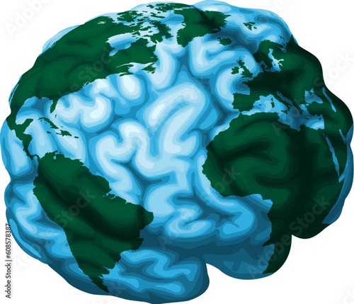 A conceptual illustration of a world globe in the shape of a human brain