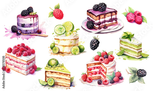 A watercolor clipart set of cakes and cake slices: lime, raspberry and blackberry, png, transparent background. Generative AI technology