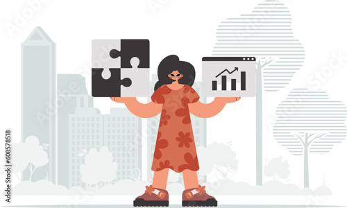 The enthusiastic woman is holding a overwhelm and a positivegrade chart. Thought bunch work. Trendy style, Vector Illustration