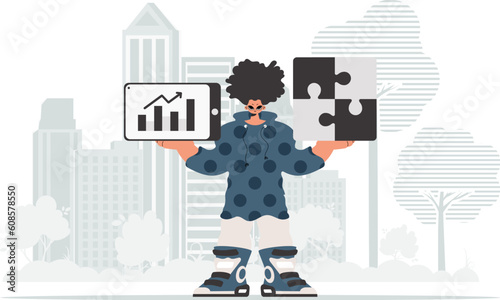 The individual is holding a confuse and a positive advancement chart. Thought gather work. Trendy style, Vector Illustration