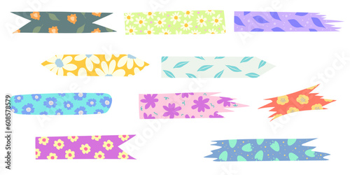 Tape Paper Sticker set vibrant flora. Sticky for scrapbook nd border scotch. Washi strip vibrant color. Digital tape adhesive. Vector illustration