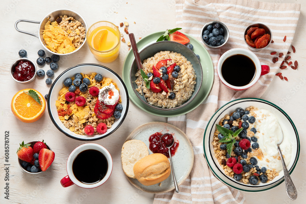 Healthy breakfast set. The concept of delicious and healthy food. Healthy breakfast set. The concept of delicious and healthy food.