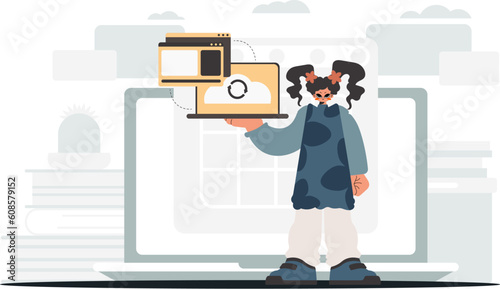 The young lady is holding a tablet, which is synchronized with the information capacity. Trendy style, Vector Illustration